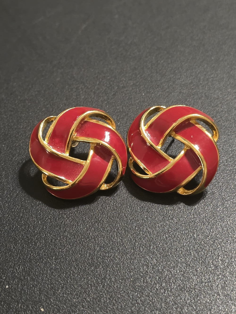 Napier Gold-Tone Red Knot Enamel Stud Earrings -Signed